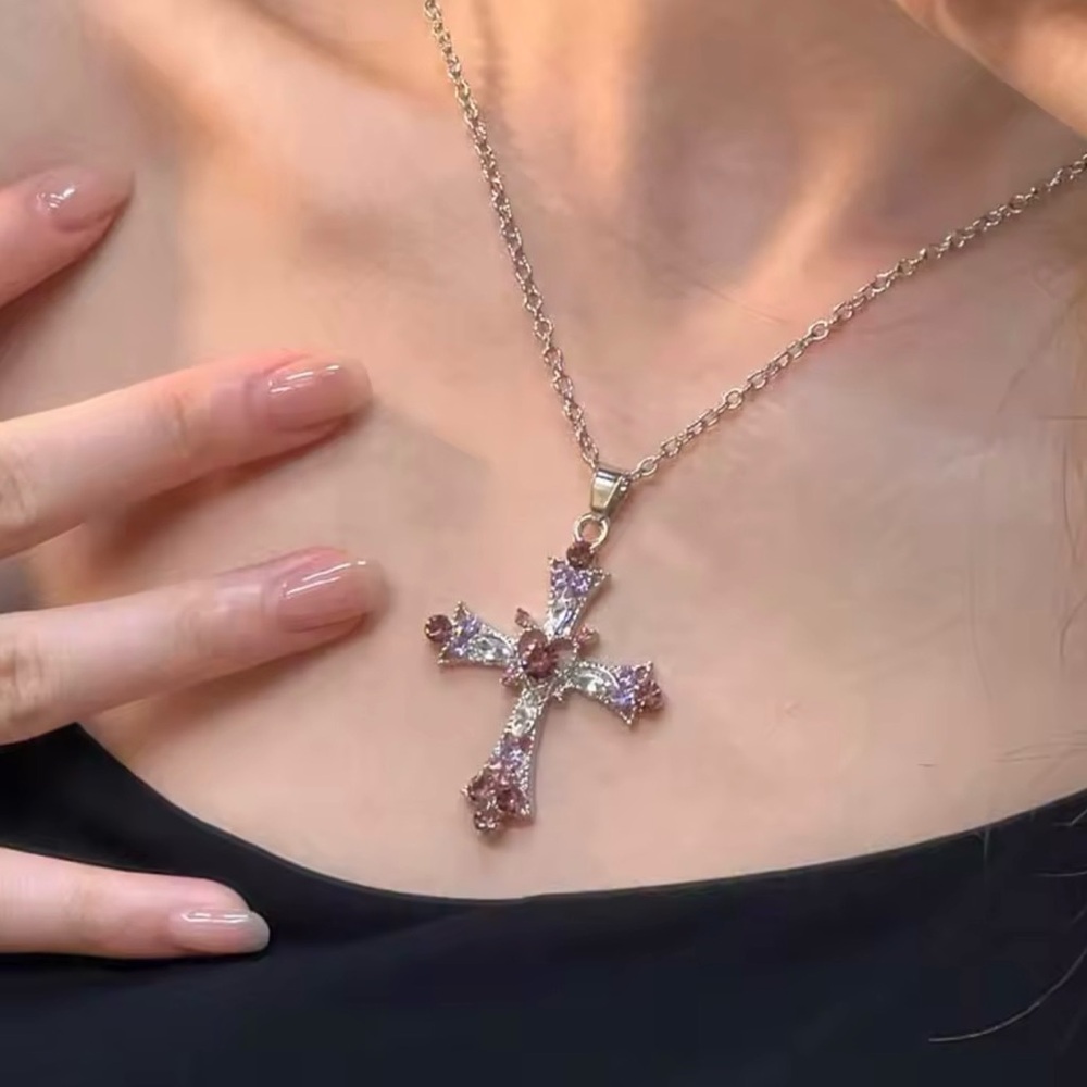 Pink And Purple Silver Crystal Cross Necklace - Picture 3 of 3